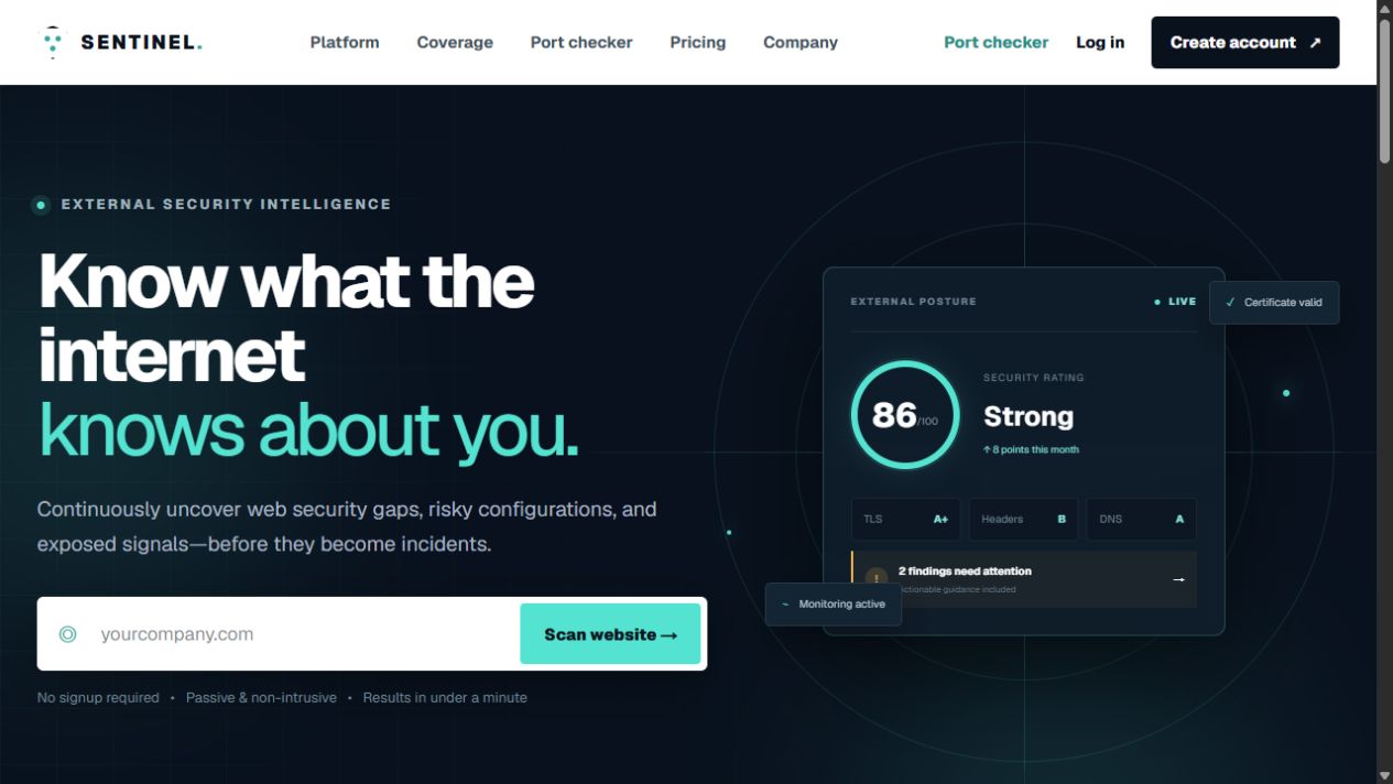 Sentinel website security platform homepage with domain scan and example security report